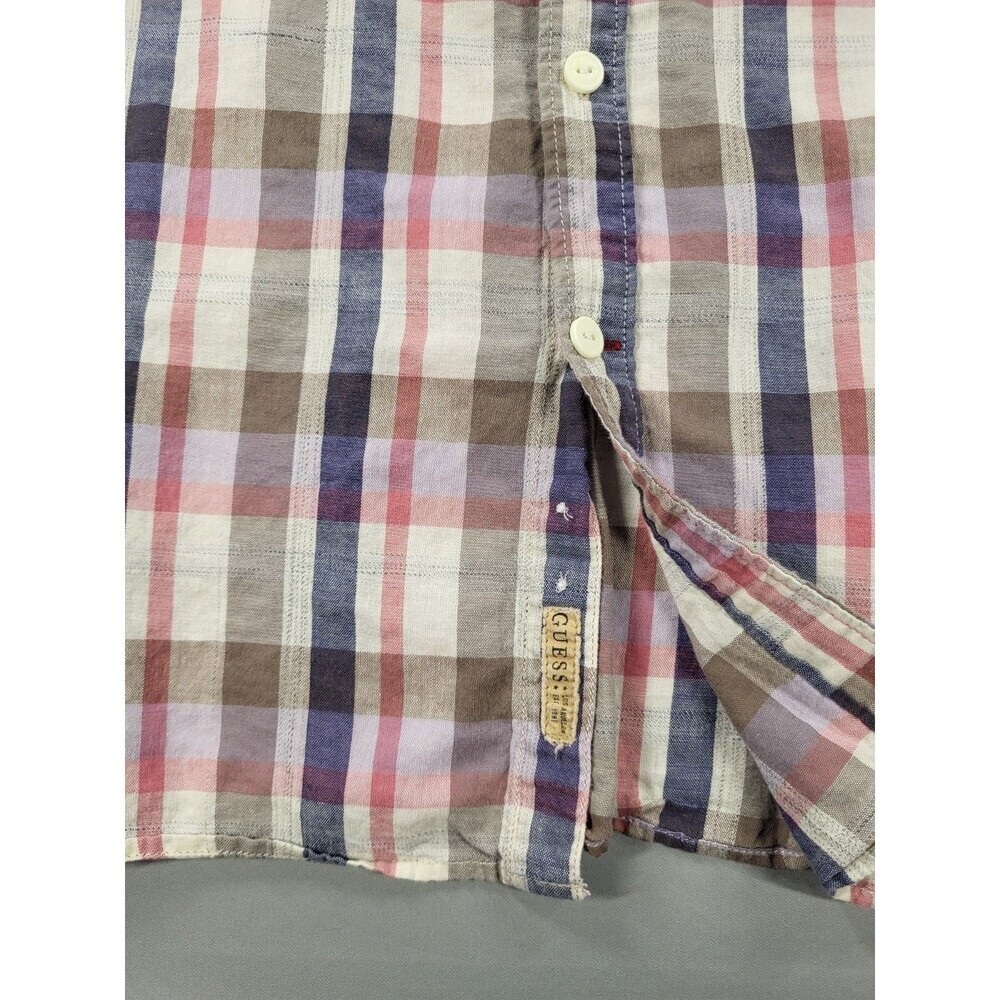 GUESS Men's Slim Fit Short Sleeve Plaid Shirt - Multicolor (Blue/Pink/Gray) - Picture 6 of 14